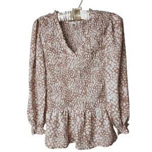 Blu Pepper Tan White Abstract Animal Print Smocked Peplum Blouse XS Nordstrom